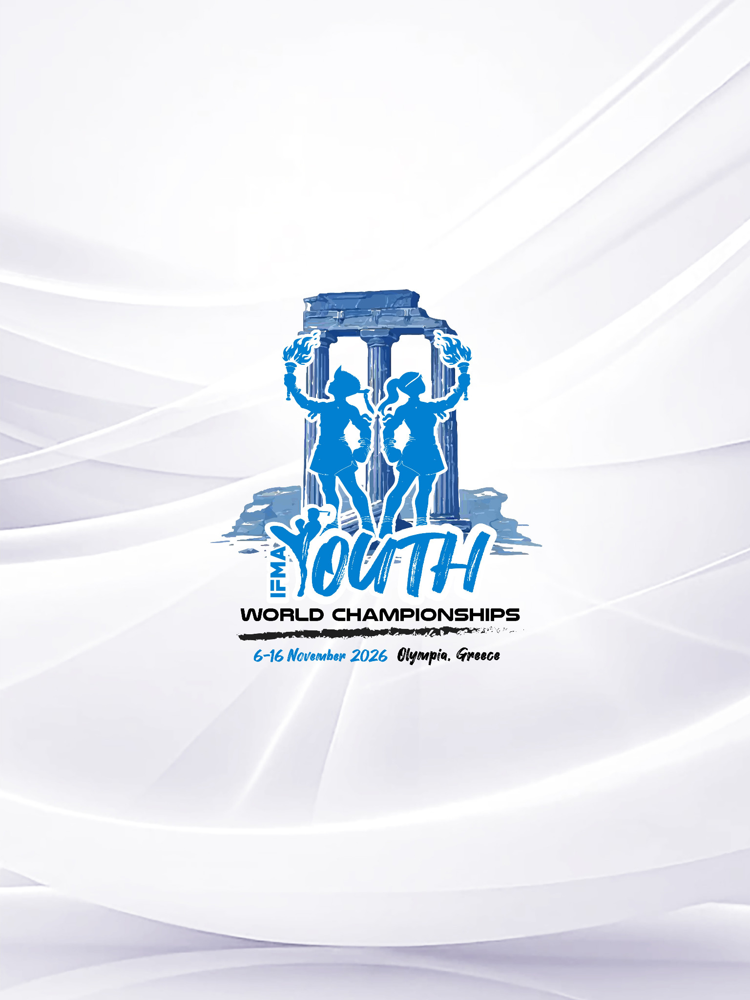 Official IFMA Youth World Championships 2026 event logo: young Muaythai athletes with torches and ancient Greek columns. 6–16 November 2026, Olympia, Greece.