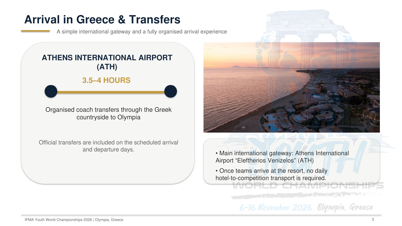 Arrival via Athens International Airport. Organised coach transfers to Olympia take 3.5–4 hours. Official transfers are included on scheduled arrival and departure days.