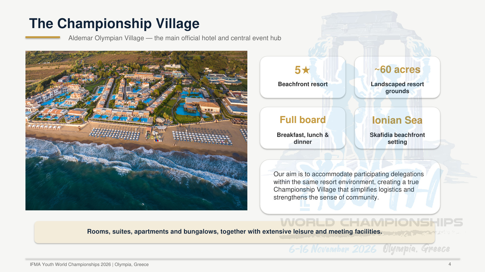 Aldemar Olympian Village: the main official hotel and event hub, a five-star beachfront resort at Skafidia with full-board meals and rooms, suites, apartments and bungalows.