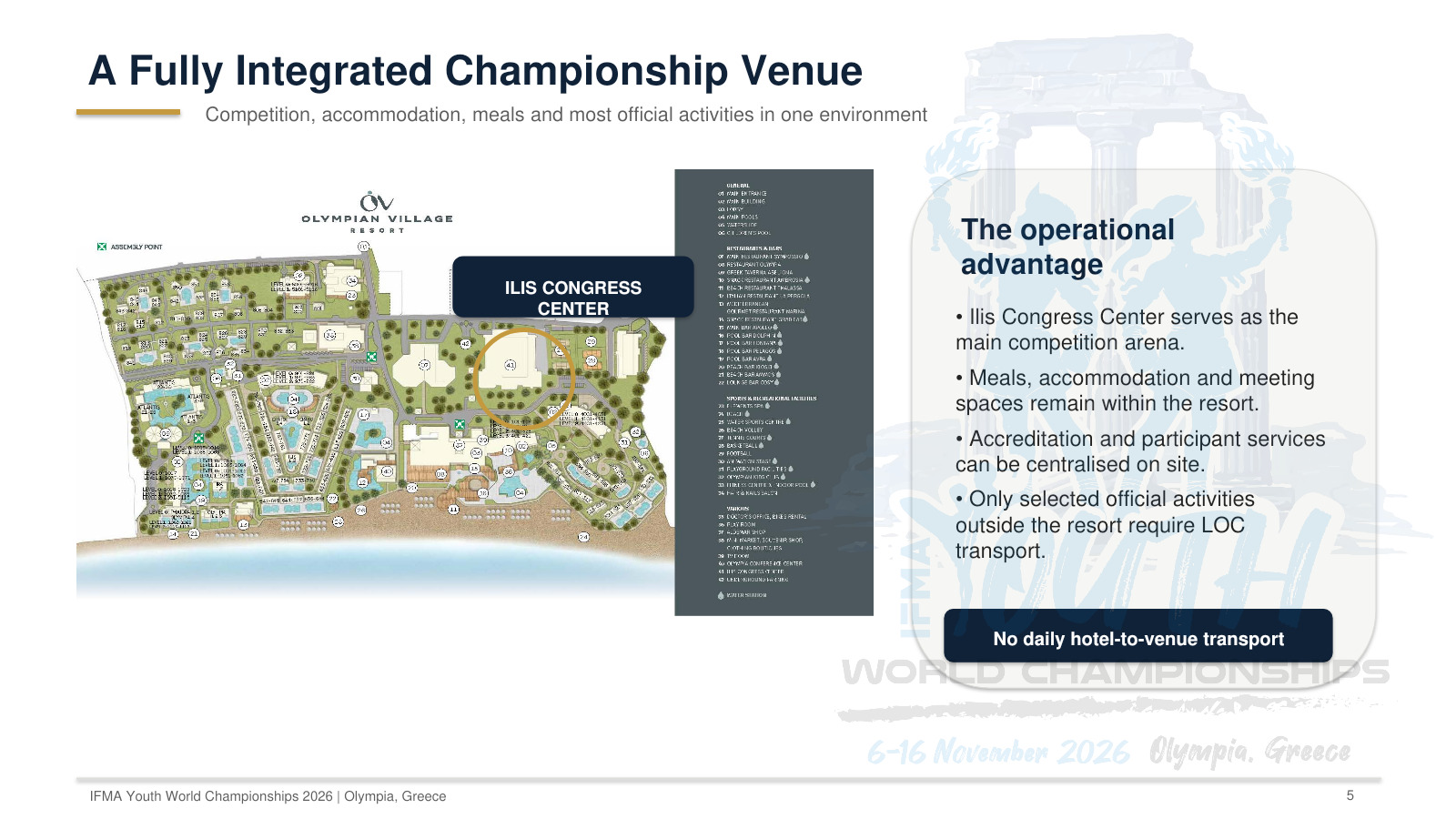 Ilis Congress Center serves as the main competition arena. Competition, accommodation, meals and meeting spaces share the resort environment, with no daily hotel-to-venue transport.