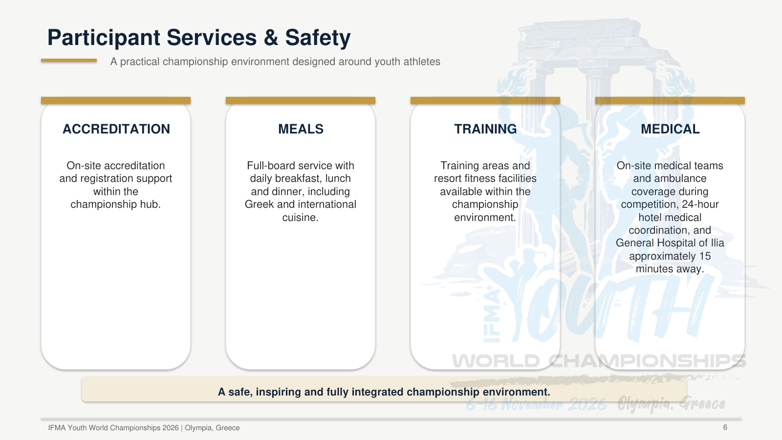 Participant services: on-site accreditation, full-board meals, training areas, competition medical teams and ambulance coverage, and hotel medical coordination.