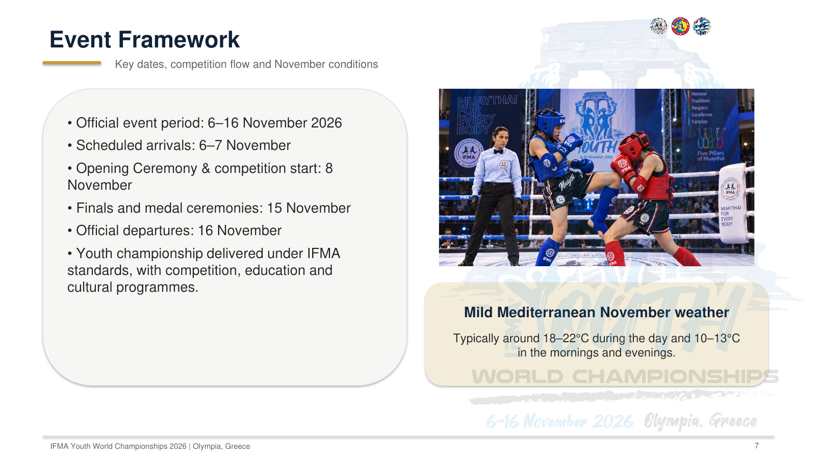 Event framework: arrivals 6–7 November; opening ceremony and competition start 8 November; finals and medal ceremonies 15 November; departures 16 November. Competition, education and cultural programmes.